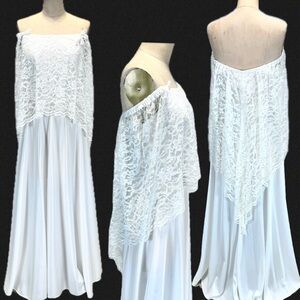 VINTAGE 60s‎ 70s lace waterfall train wedding gown formal dress off shoulder
